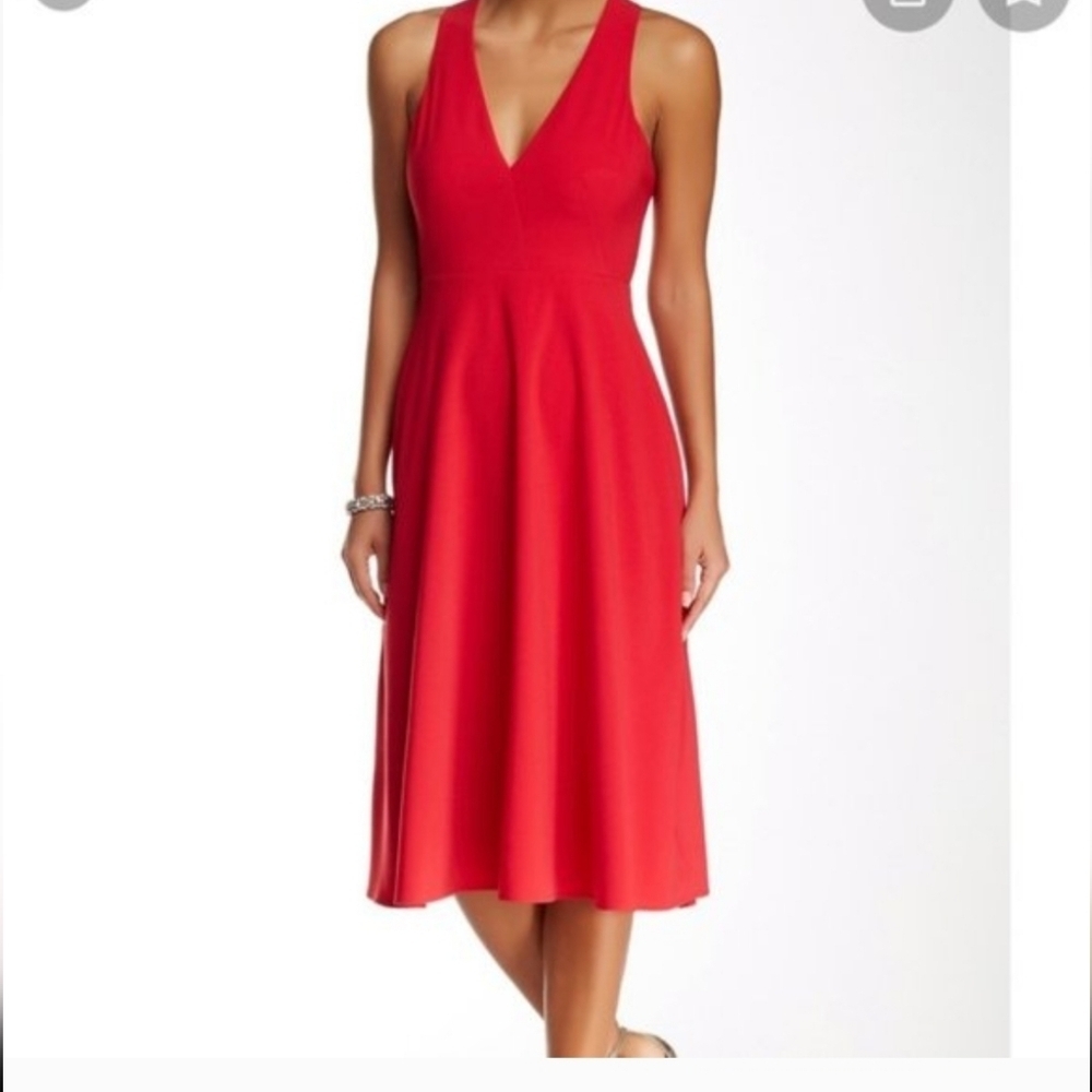 Halston Heritage Red V-Neck Sleeveless Midi Dress